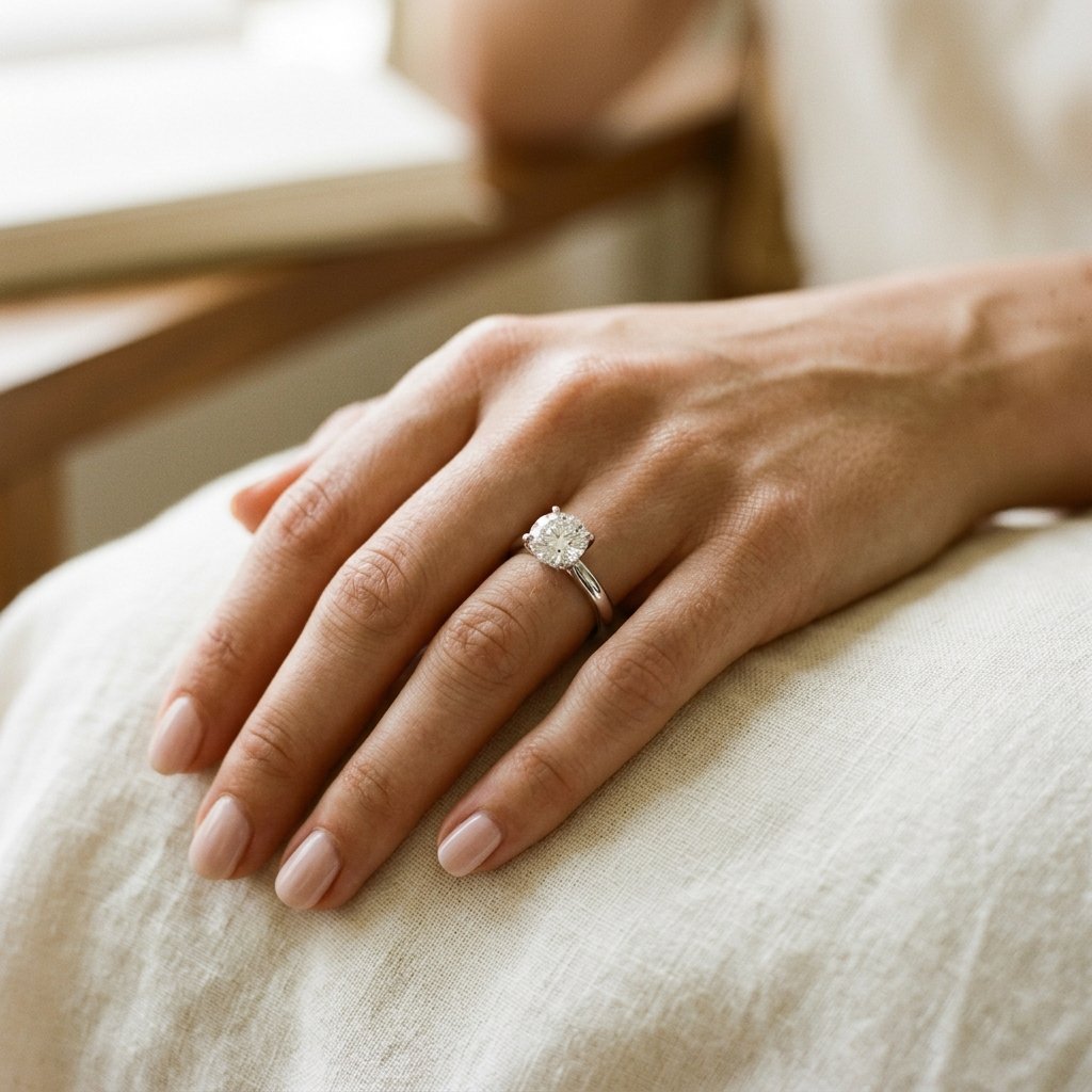 Hand wearing a solitaire engagement ring.