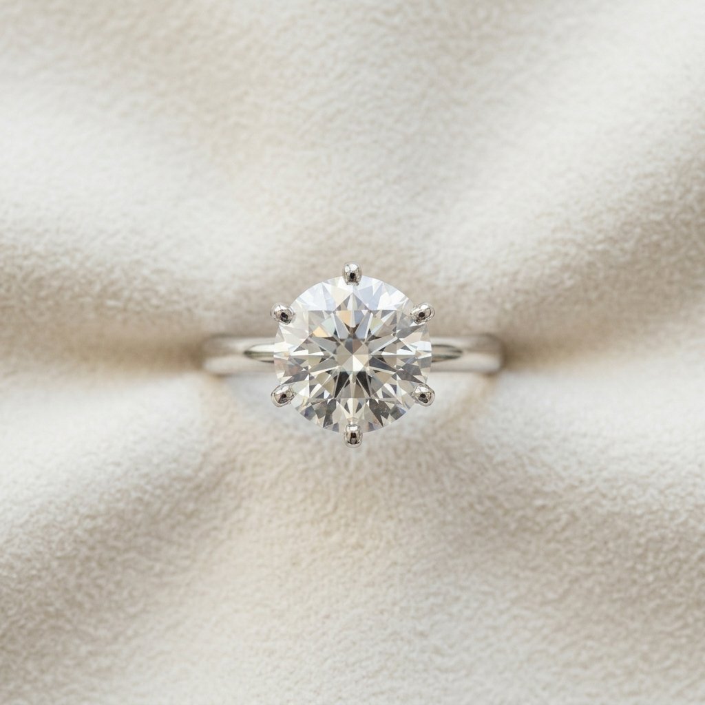 Top-down view of a classic solitaire engagement ring.