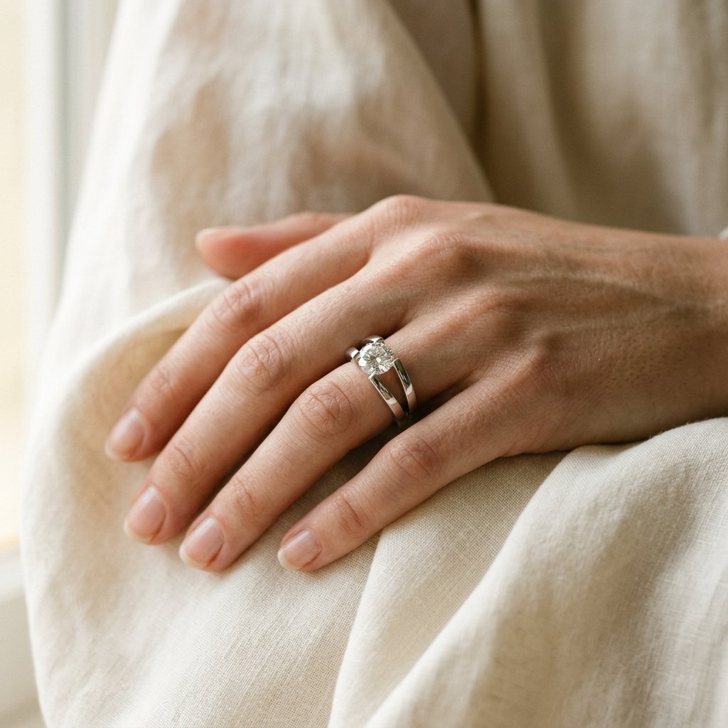 Hand wearing a tension set engagement ring.