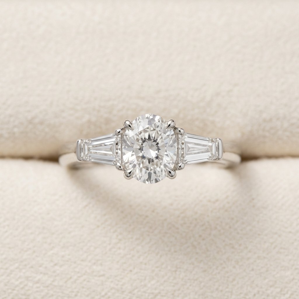 Top-down view of a three-stone engagement ring.