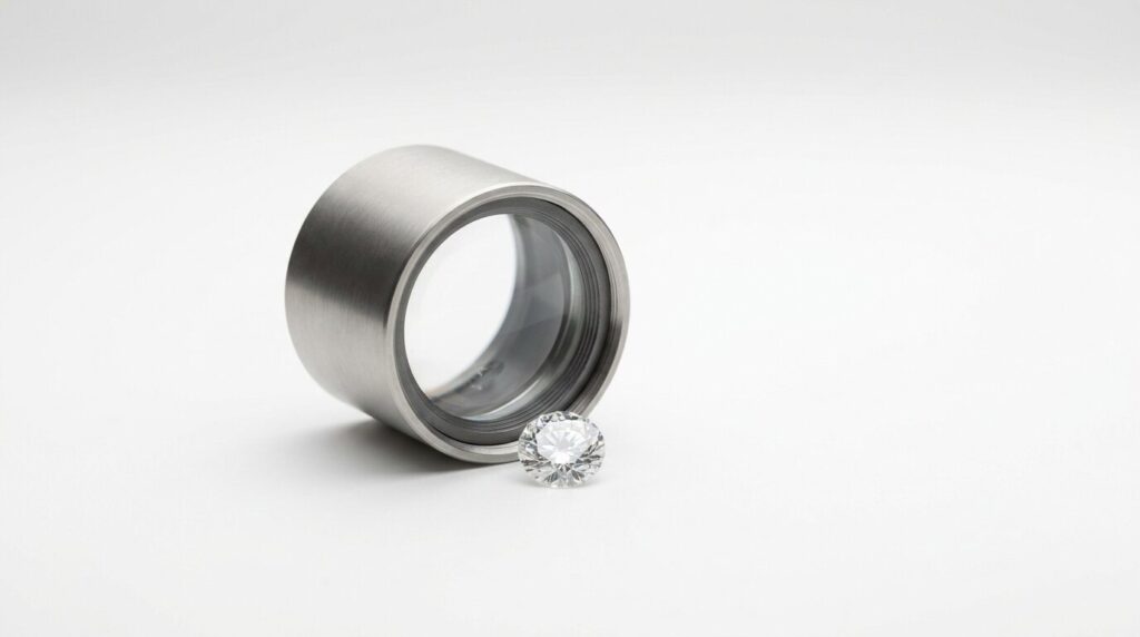 A wide platinum band ring with a loose round brilliant lab grown diamond beside it on a white background.