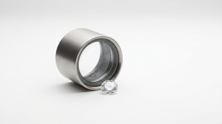 A wide platinum band ring with a loose round brilliant lab grown diamond beside it on a white background.