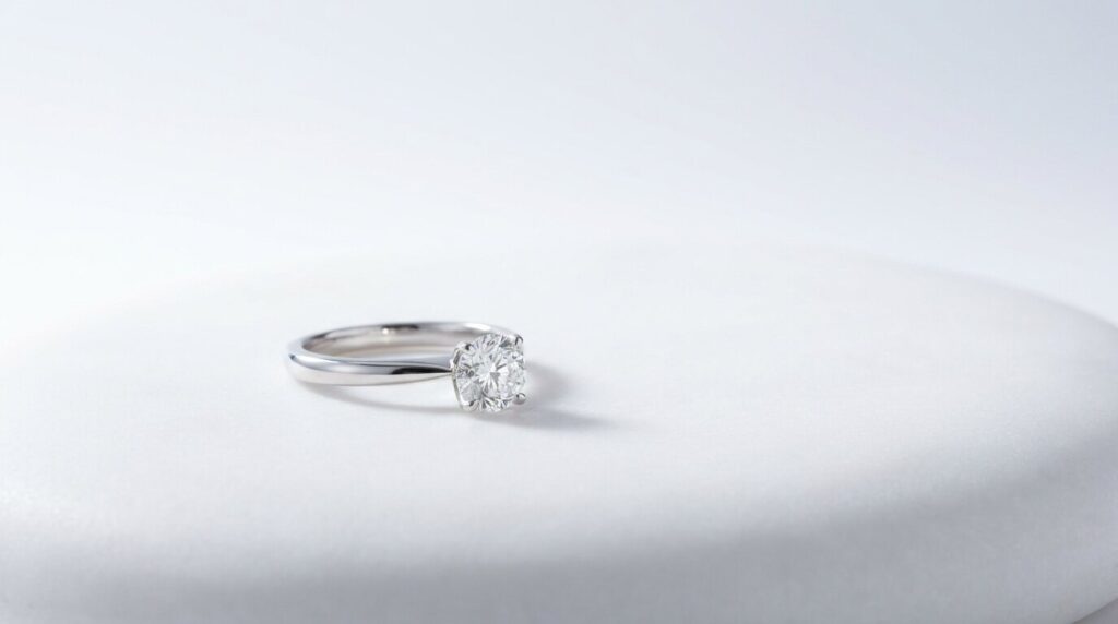 A solitaire diamond ring resting alone on a pale stone surface.