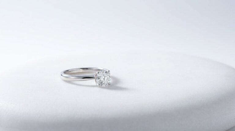 A solitaire diamond ring resting alone on a pale stone surface.