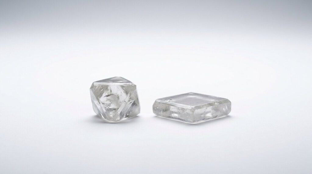Two rough lab grown diamond crystals showing the different growth forms produced by HPHT and CVD.