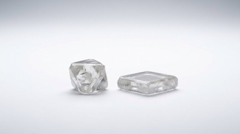 Two rough lab grown diamond crystals showing the different growth forms produced by HPHT and CVD.