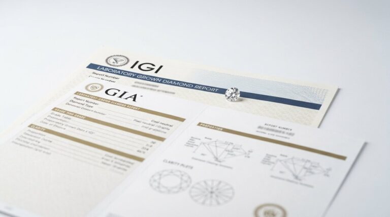 An IGI and a GIA lab grown diamond grading report side by side with a loose diamond.