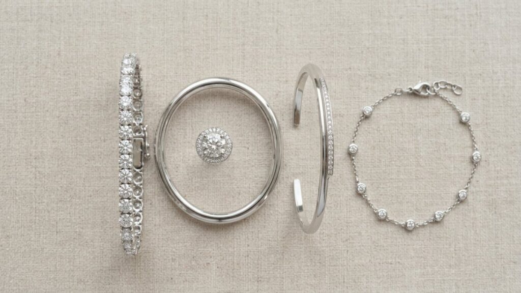 A tennis bracelet, bangle, cuff and chain bracelet displayed side by side.