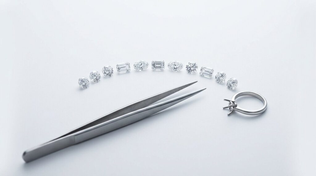 An overhead selection of loose lab grown diamonds in different cuts with tweezers and an empty ring setting.
