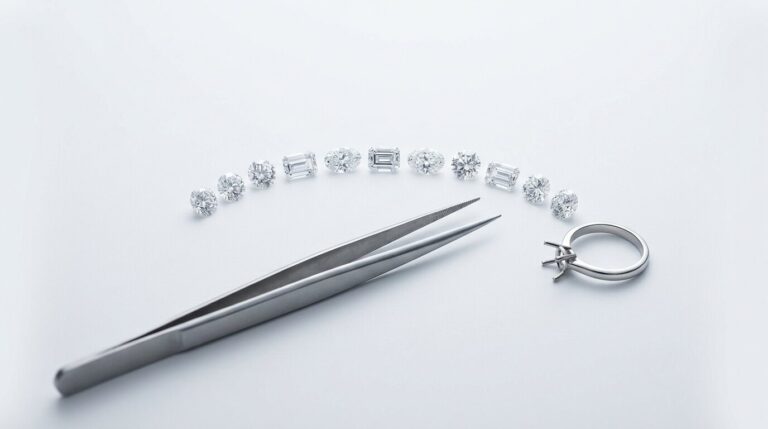An overhead selection of loose lab grown diamonds in different cuts with tweezers and an empty ring setting.