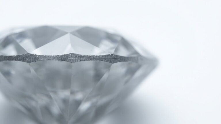 Extreme macro view of a diamond girdle showing a faint laser inscription.