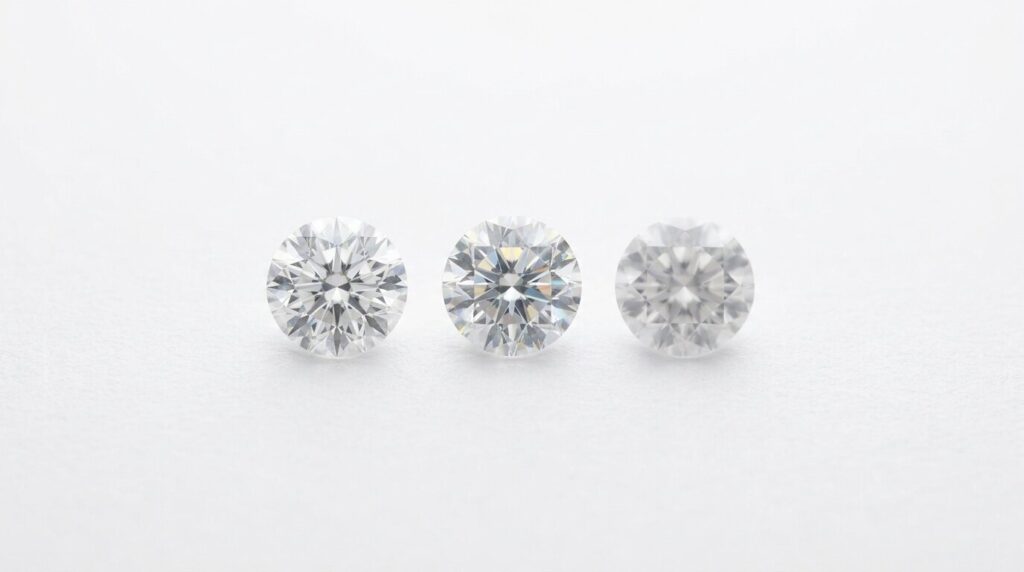 Three colourless round brilliant stones in a row for comparison on a white background.