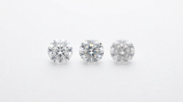 Three colourless round brilliant stones in a row for comparison on a white background.