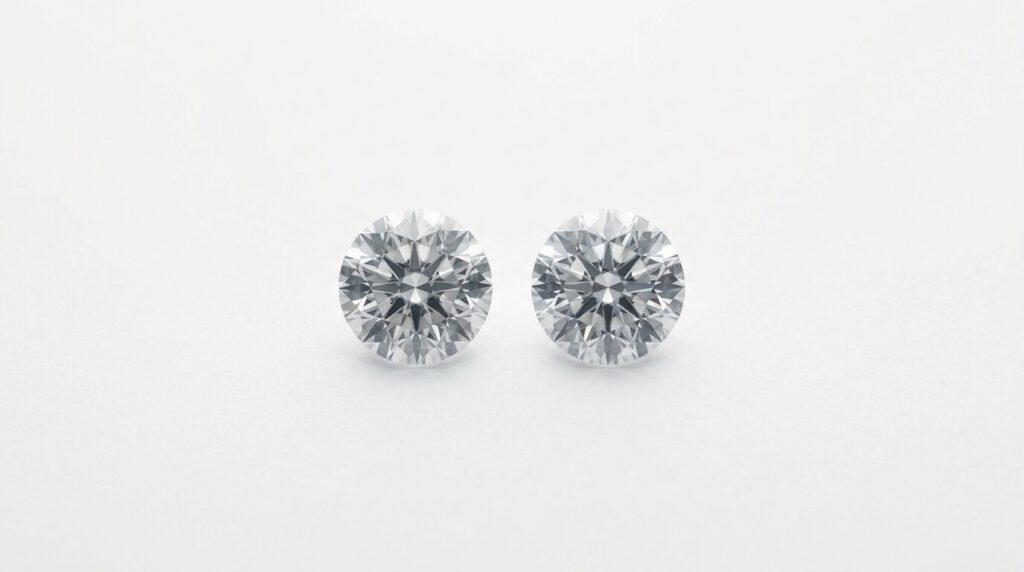 Two identical round brilliant diamonds side by side, visually indistinguishable from one another.