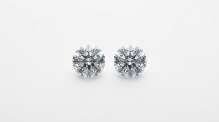 Two identical round brilliant diamonds side by side, visually indistinguishable from one another.