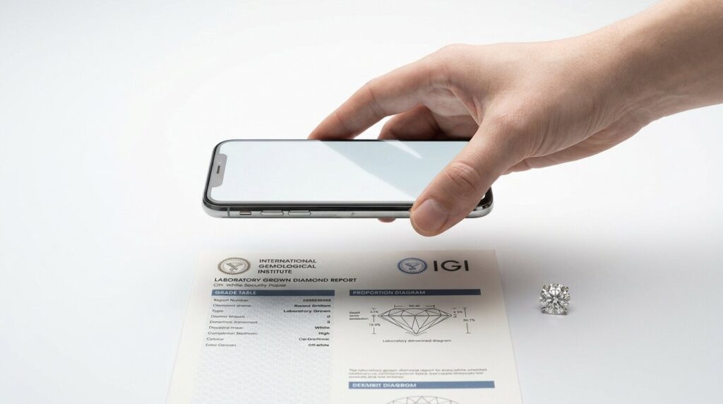 A smartphone held above an IGI grading report and a loose diamond during certificate verification.