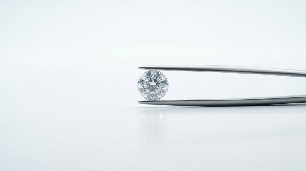 A round brilliant lab grown diamond held in jeweller's tweezers against a white background.